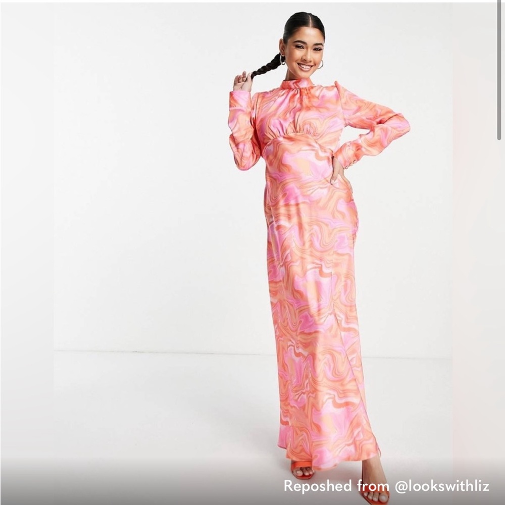 ASOS DESIGN high neck maxi satin tea dress in swirl print size 12 NEW